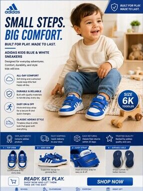 adidas Kids Royal Blue and White Velcro Sneakers